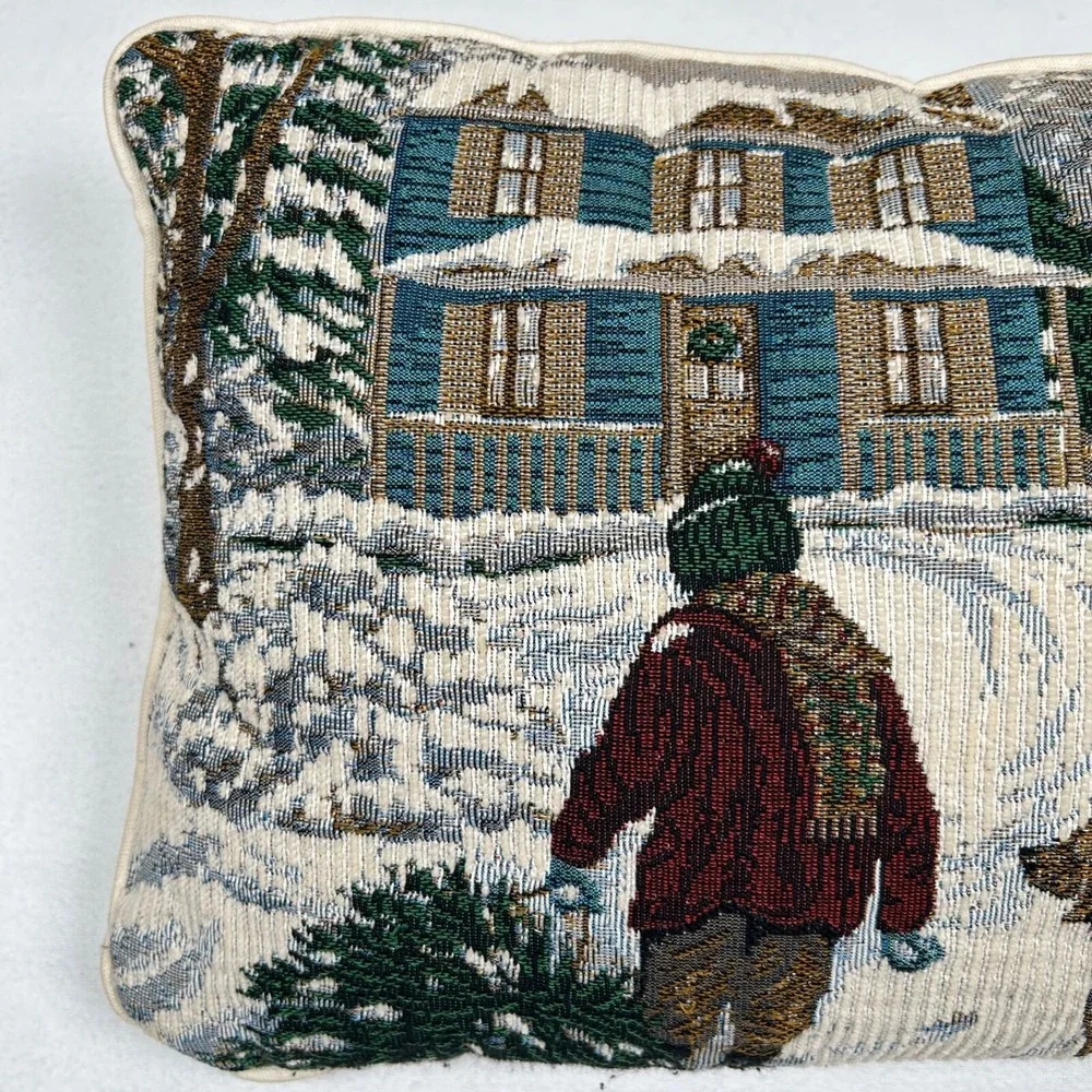 Christmas Throw Pillow Tapestry Boy Dog Tree Snow 16 x 11